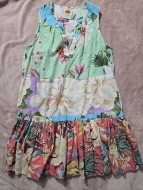 FARM Rio Mint Green, Coral & Lilac Floral Patchwork Tiered Swiss Dot Dress Small